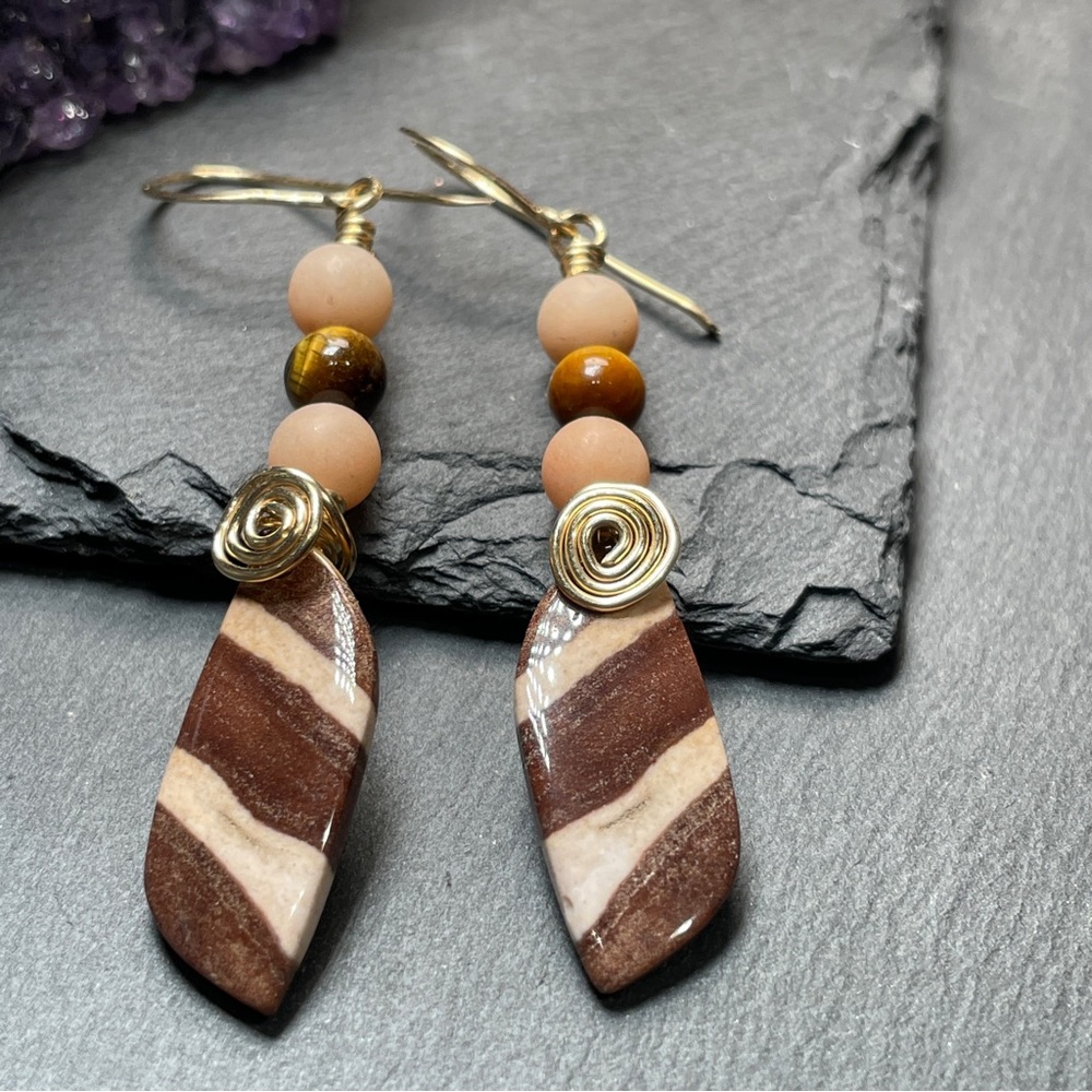 14k Gold Filled Wire Wrap
Zebra Jasper And Tiger’s Eye 
Gemstone Dangle Earrings - Picture 5 of 9